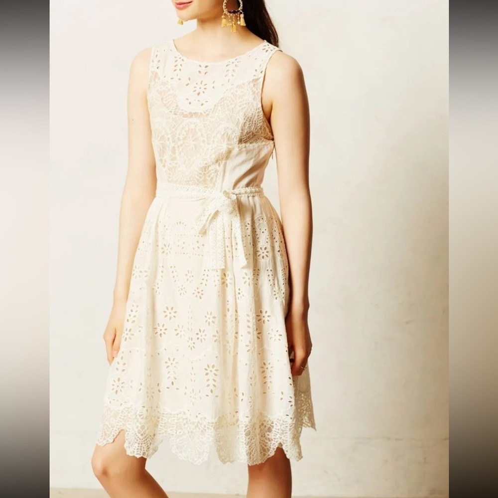 Anthropologie Cream Eyelet Lace Fit-and-Flare Mini Dress